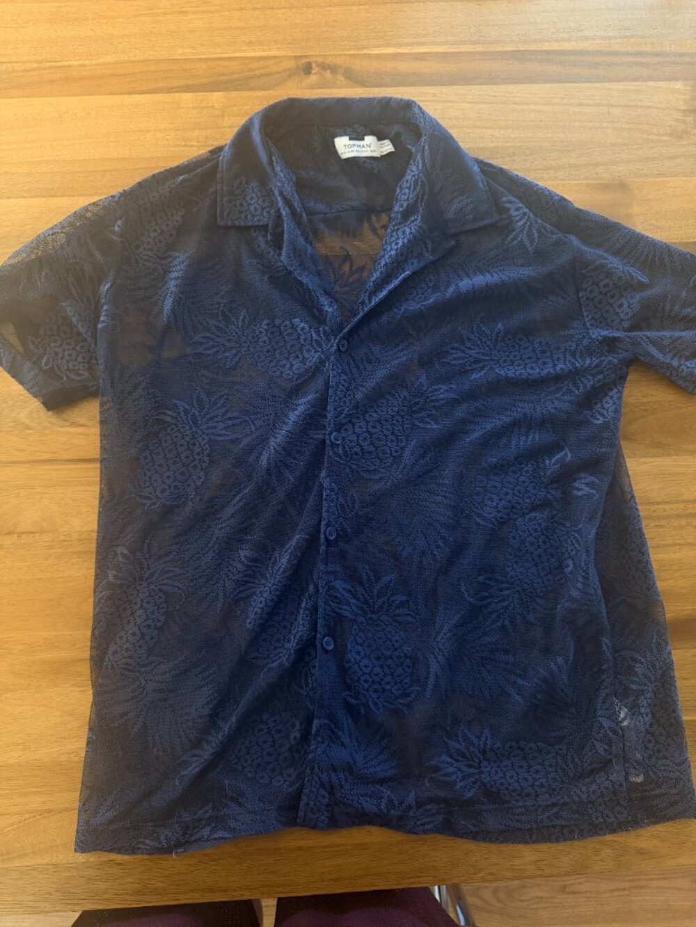 Topman Navy Pineapple Burnout Mesh Short Sleeve Shirt — M — Sheer — Camp Collar